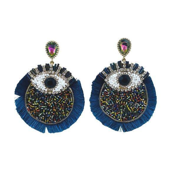 Oversized Evil Eye Raffia Fringe Statement Earrings - Picture 1 of 2